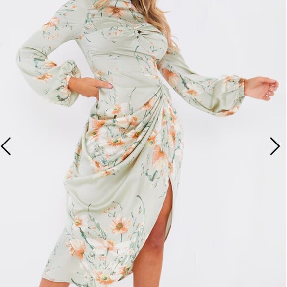 Sage Green Floral Twist Bust Draped Midi Dress Size 6 US NWT - Picture 3 of 6